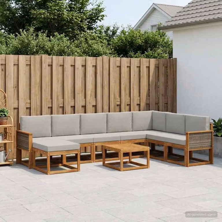 Set di divani da esterno vidaXL 9 pz a forma di L in legno di acacia con tavolino e pouf, colore marrone e grigio chiaro
