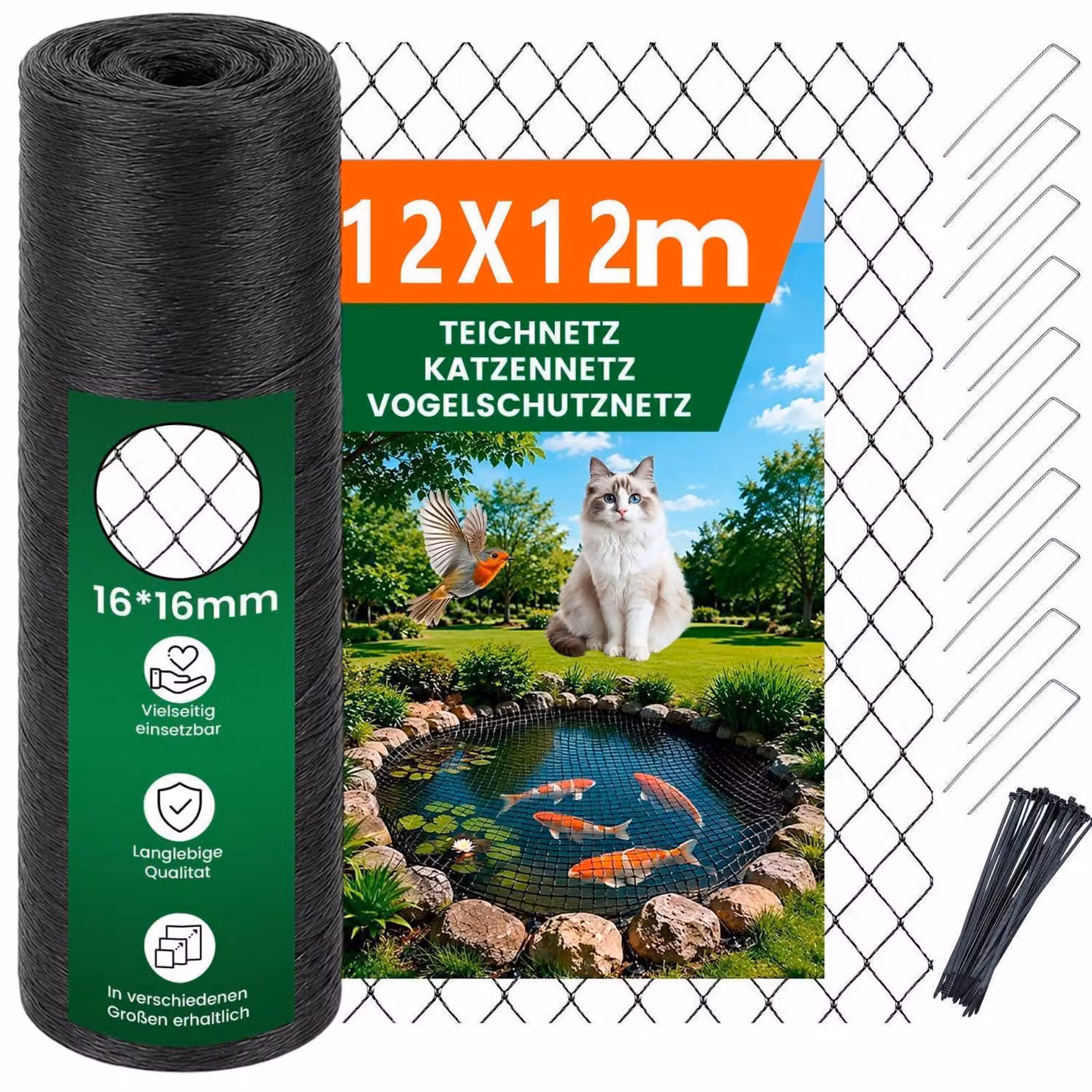 Rete per stagni, rete per la protezione degli uccelli, rete per gatti, dimensioni 12x12 metri, realizzata in HDPE, resistente agli agenti atmosferici