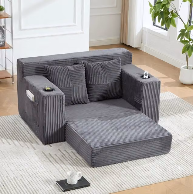 Pouf divano moderno in corduroy grigio 151x133x64 cm con tasche laterali e 2 cuscini