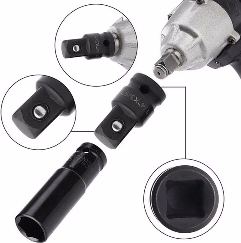 Set di adattatori per chiavi a bussola e chiavi dinamometriche, da 1/4" a 3/8" e da 1/2" a 3/8".