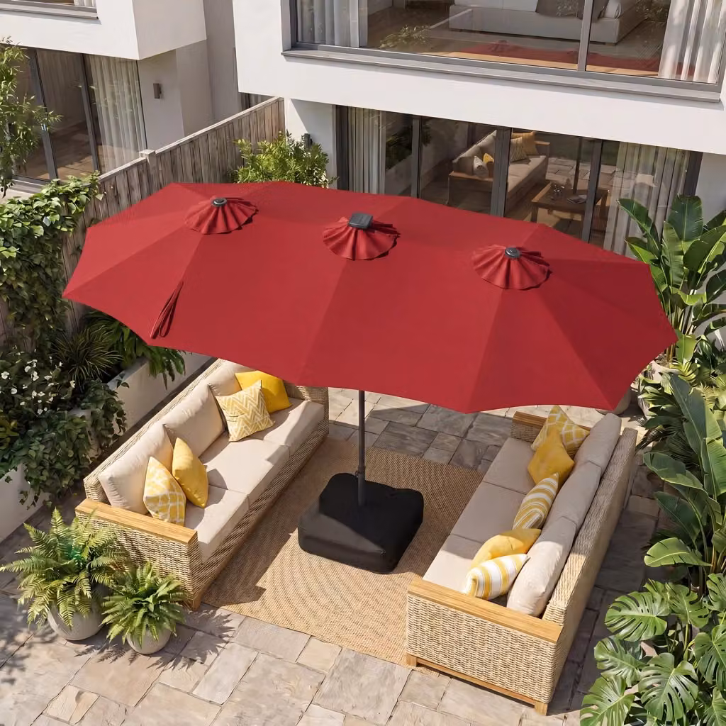 Ombrellone da giardino doppio bordeaux con 108 luci LED solari, 12 modalità, 3 prese d'aria e manovella, L: 390 cm, H: 220 cm – 2