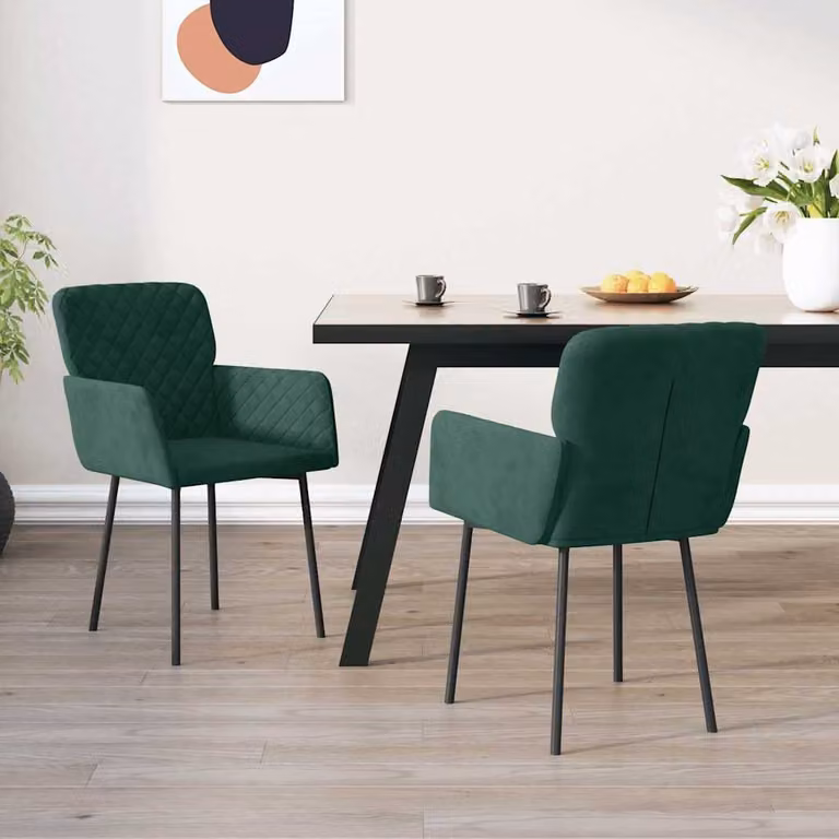 Set di 2 sedie da pranzo vidaXL in velluto verde scuro con braccioli e struttura in metallo per cucina e sala da pranzo
