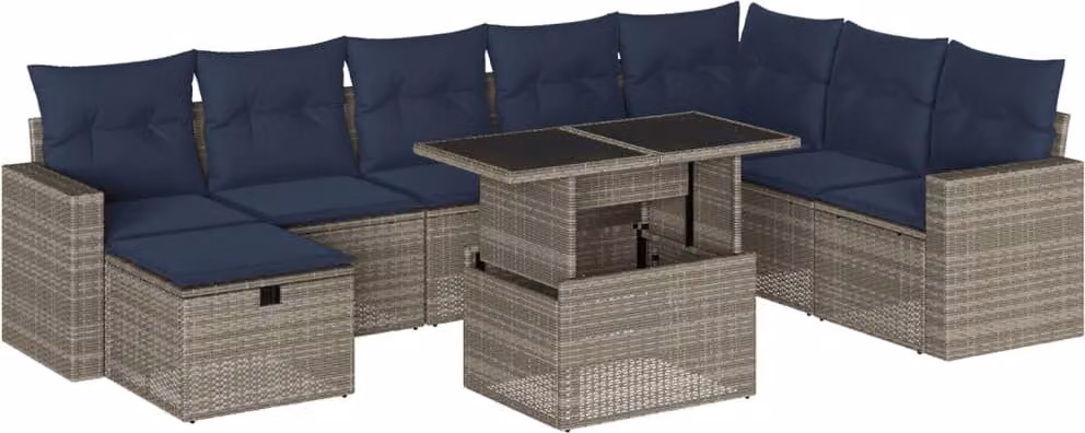 Set Divani da Giardino 9 pz con Cuscini Grigio in Polyrattan