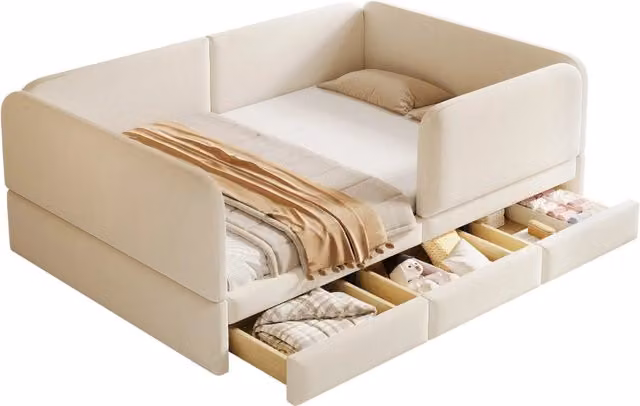 Letto per bambini moderno in tessuto beige con 3 cassetti, L: 140 cm, P: 200 cm, H: 103 cm