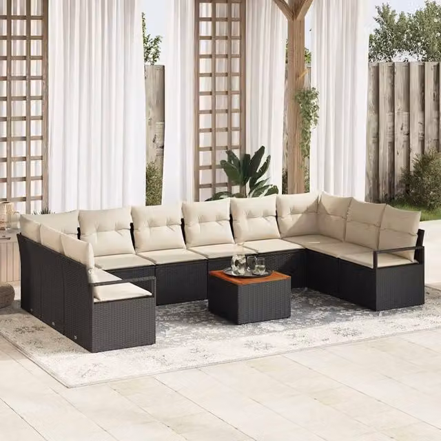 Set Divano da Giardino Moderno vidaXL in Polyrattan Nero con Legno di Acacia 11 Pezzi