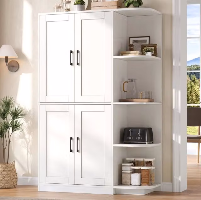 Mobile contenitore alto ULEVR 103x40x163 cm con 4 ante, 4 vani aperti e ripiani regolabili, bianco