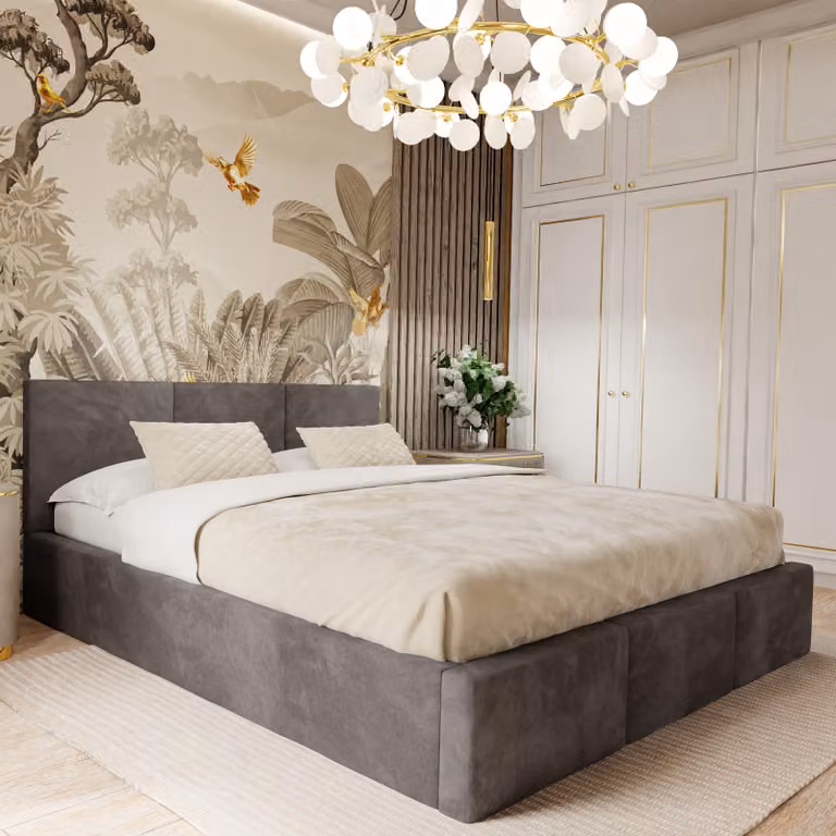 Muralo Letto imbottito per camera da letto Letto imbottito con rete e molla a gas Letto con testiera imbottita Letto 120x200 Letto con contenitore Grafite