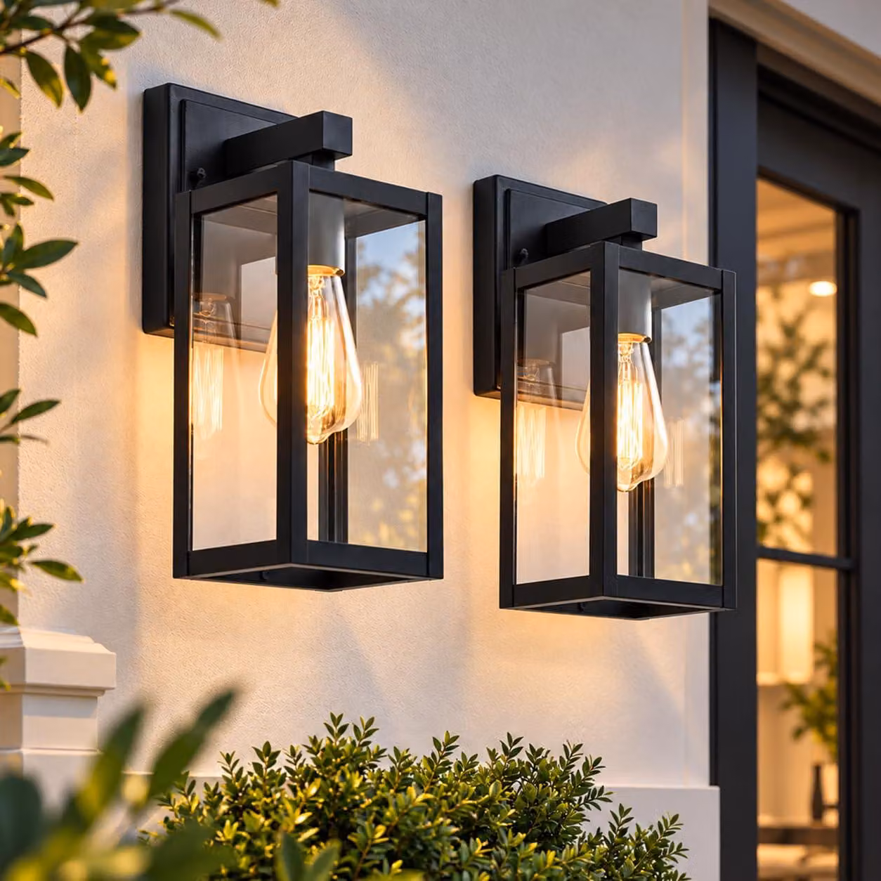 Lampada da parete per esterni, attacco E27, confezione da 2 pezzi, colore nero opaco, grado di protezione IP44, potenza massima 60 W, paralume in vetro