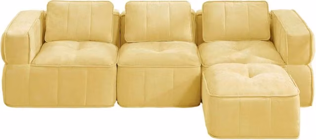 Divano modulare angolare a 3 posti senza telaio con pouf, imbottitura in schiuma ad alta densità 32D, tessuto in poliestere giallo, 271x162x67 cm