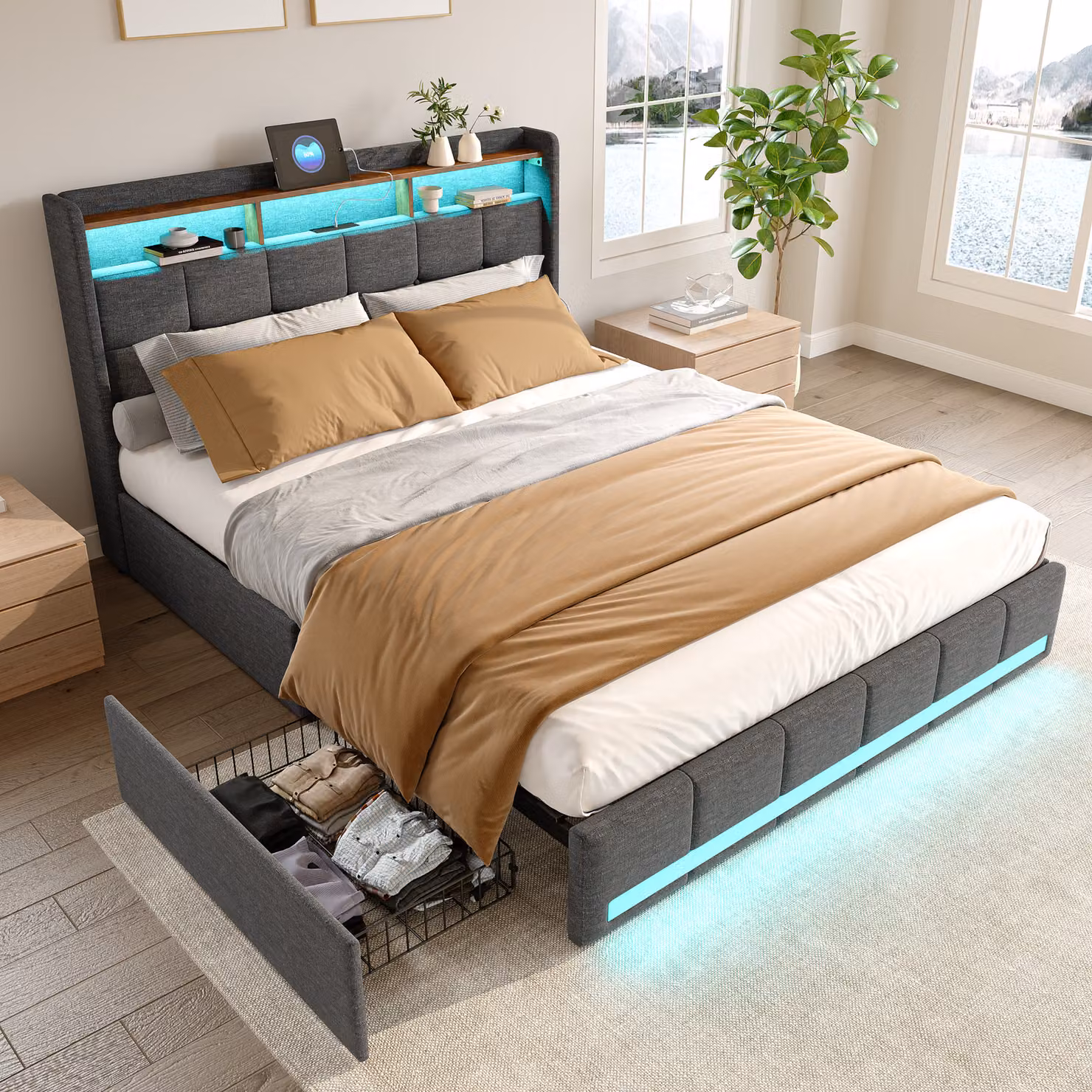 Letto imbottito in lino grigio ProximaX di 160x200 cm, connessione USB, rete a doghe, 4 cassetti, illuminazione a LED, adatto come letto per ragazzi e matrimoniale