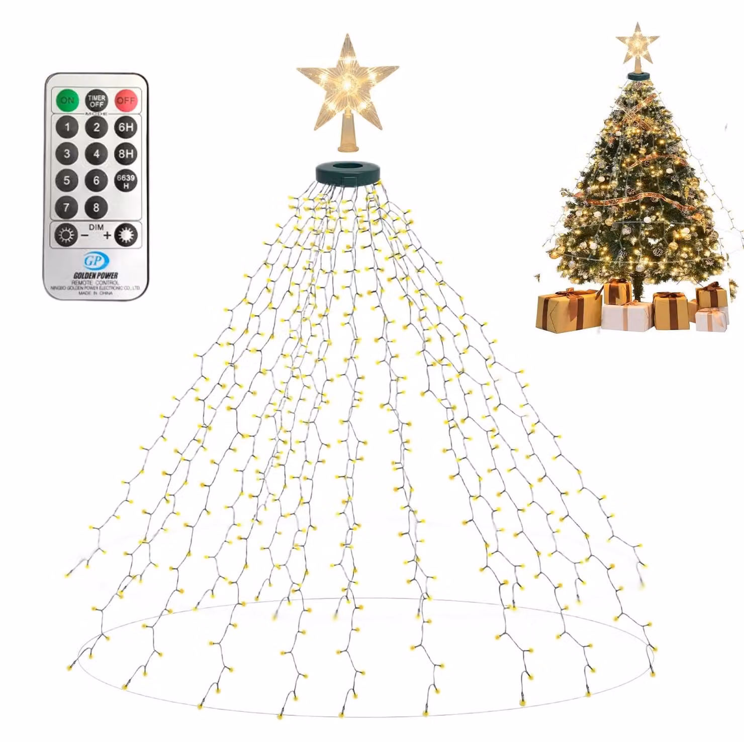 Catena luminosa a LED, 5 metri, 450 lampadine a luce calda, 8 modalità, timer, telecomando
