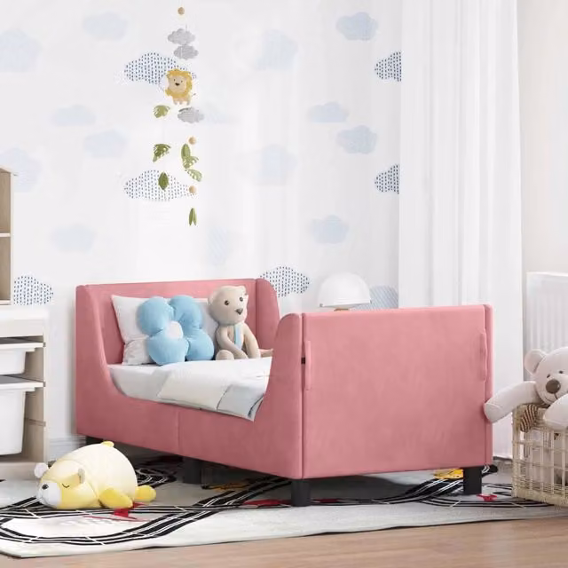 Struttura letto per bambini con testata e giroletto in velluto rosa, L: 140 cm, P: 70 cm, H: 76 cm
