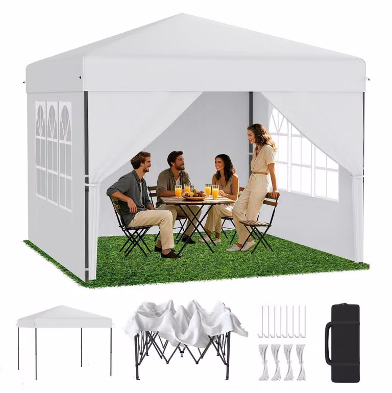 Tenda da campeggio 2,5x2,5 m con sistema di sollevamento a un tocco, regolazione dell'altezza in 3 posizioni (240-260 cm), colore bianco, con 4 pareti laterali
