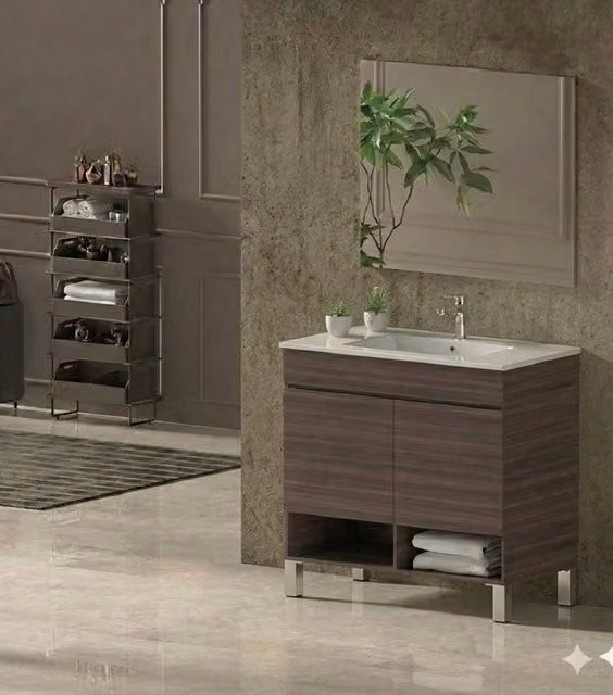 Mobile Bagno NEBARI com gambe Già Montato 2 portas, lavabo e specchio Frassino tea 100x45 cm