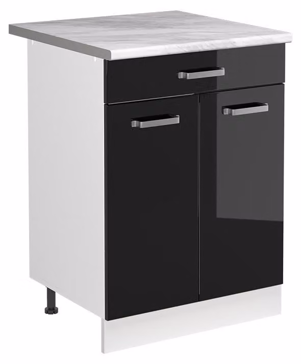 Mobile lavello cucina Vicco R-Line Nero lucido/Bianco 60 cm piano di lavoro Marmo, Model 73026