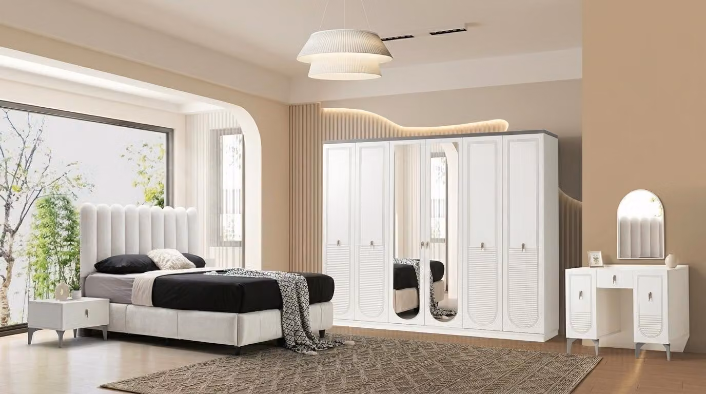 Set per camera da letto: letto, testiera, armadio, comodino, specchio, 2 comodini