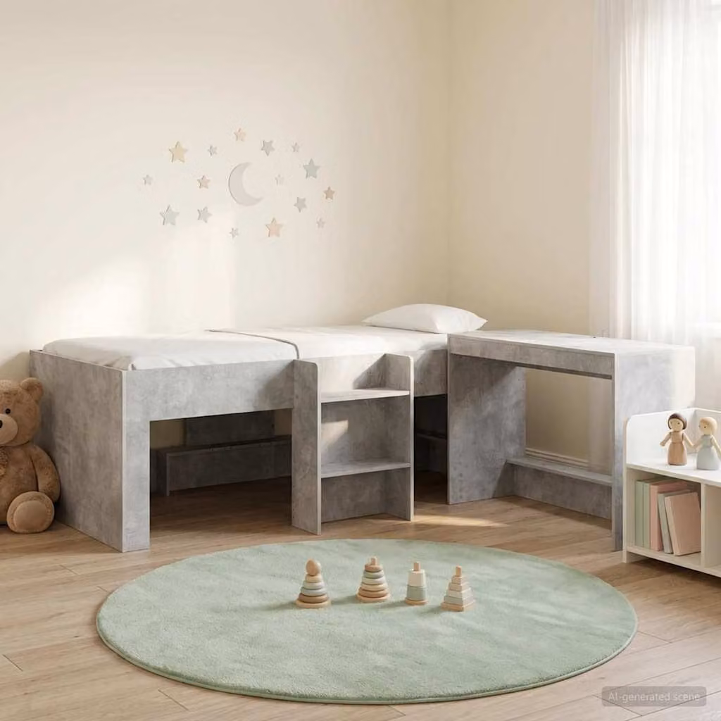 vidaXL Letto alto per bambini con scrivania e scale, Grigio Cemento, L/P/H: 200 x 90 x 193 cm