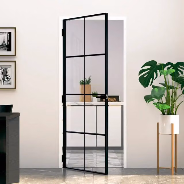 Porta Interna Reversibile vidaXL in Alluminio e Vetro Temperato Trasparente, Colore Nero, L: 83 cm, H: 201,5 cm – 1