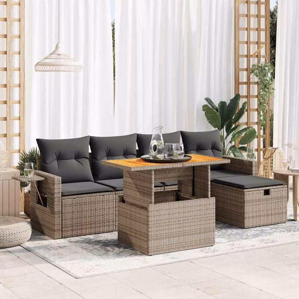 Set Divano da Giardino vidaXL 6pz a Forma di L in Polyrattan e Legno di Acacia Grigio con Cuscini