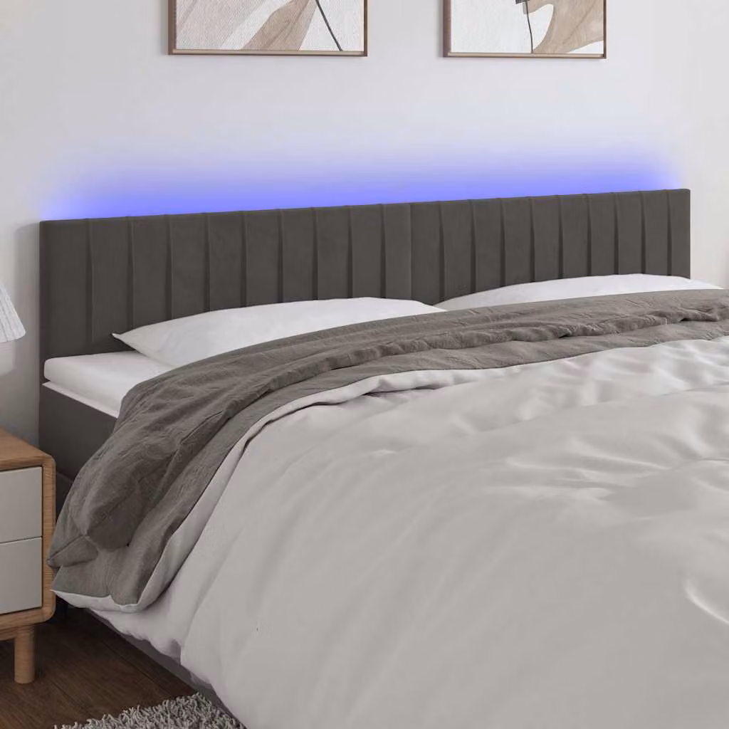 Testiera per letto vidaXL in velluto grigio con illuminazione LED e porta USB, L 180 x P 5 x H 78/88 cm