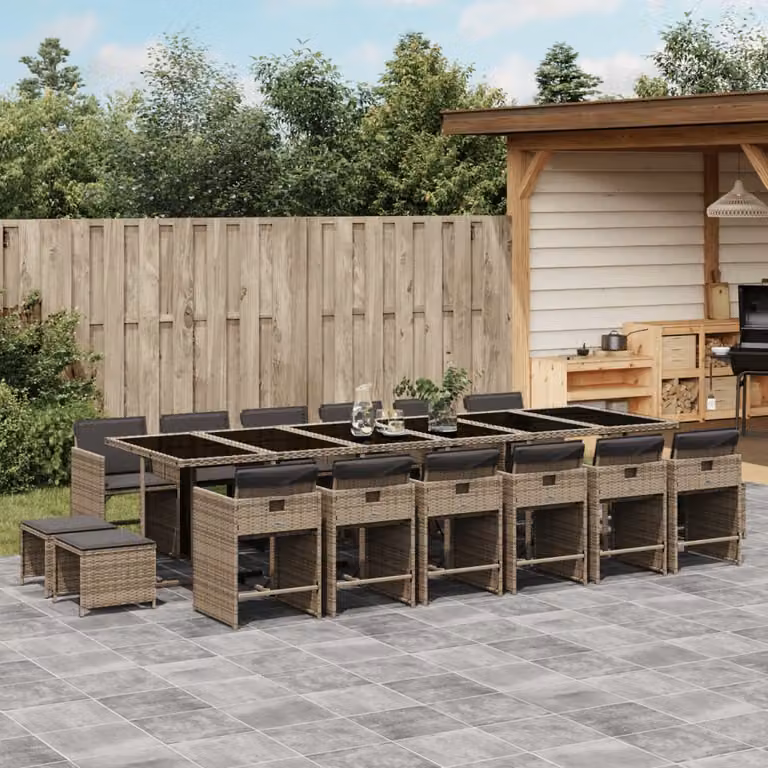 Set da pranzo da giardino vidaXL in polyrattan con cuscini e piano in vetro, 17 pezzi, grigio e nero