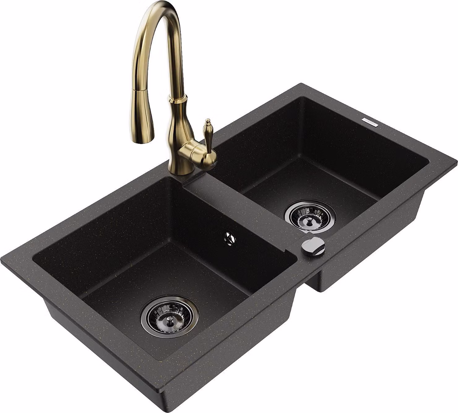 Mexen Mario lavello da cucina in granito a 2 vasche con miscelatore Savita, nero/oro metallizzato - 6504-75-672601-50-B