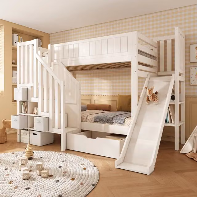 Letto a castello 90 × 200 cm con scivolo, scaletta-armadio, cassetti e ripiano, senza materasso, bianco