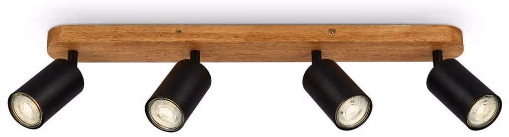 BRILONER - Lampada da soffitto retrò con legno, lampada da soffitto vintage a 4 luci, 4x attacco GU10, spot LED regolabile, spot da soffitto rustico, nero-legno, 550x60x85 mm