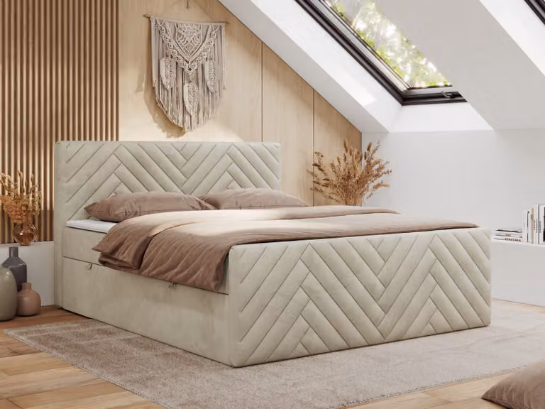 Letto boxspring MKS MEBLE 120x200 con contenitore e materasso H4 - Paris Duo - Beige Velvet
