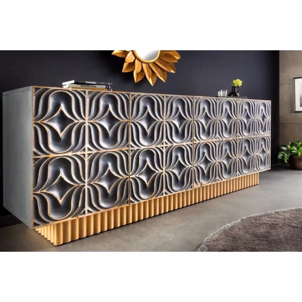 Buffet Meublorama in legno di mango stile retrò, colore grigio e oro, design geometrico per soggiorno o sala da pranzo – 2