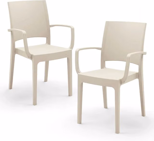 Set di 2 sedie con braccioli Redokasa in polipropilene beige, design moderno impilabile per interno ed esterno