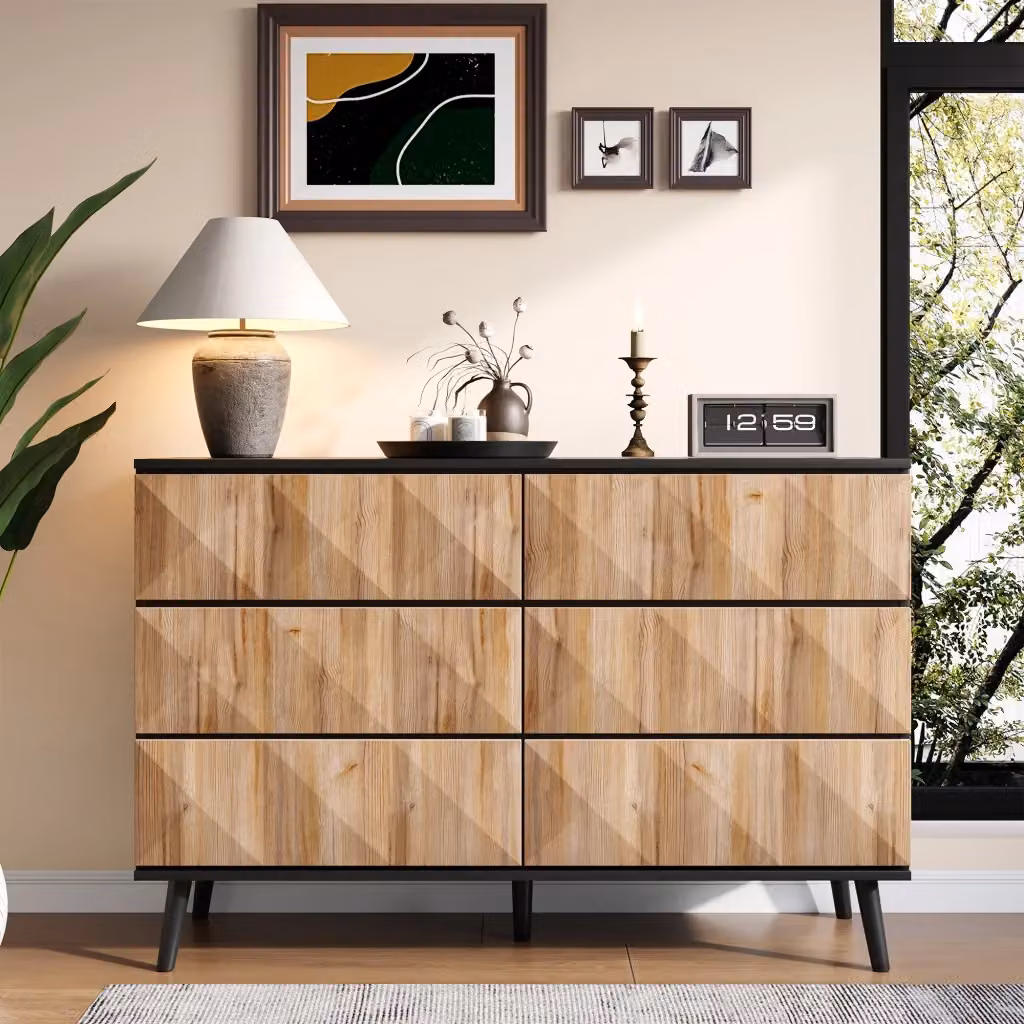 Sideboard moderno WISHDOR con 6 cassetti nero e effetto legno L: 120 cm, P: 40 cm, H: 85 cm – 2