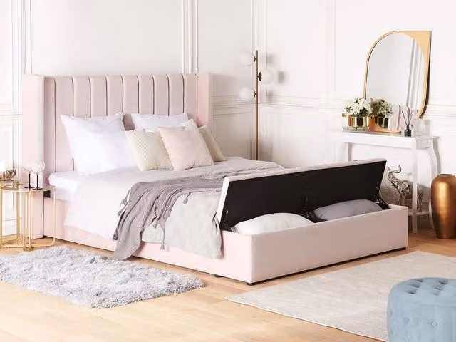 Letto Beliani in velluto rosa con cassapanca e rete a doghe L/P: 160 x 200 cm