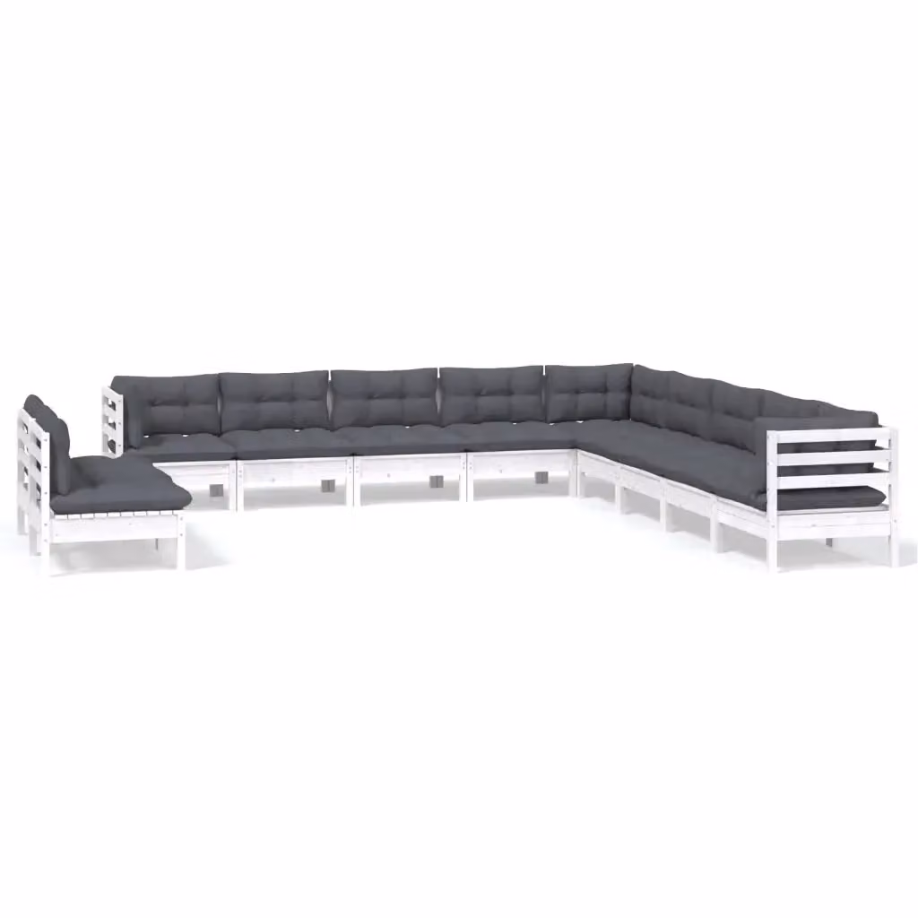 Set di divani da giardino vidaXL in legno di pino con cuscini bianchi e antracite, design moderno a forma di U, 11 pezzi – 2