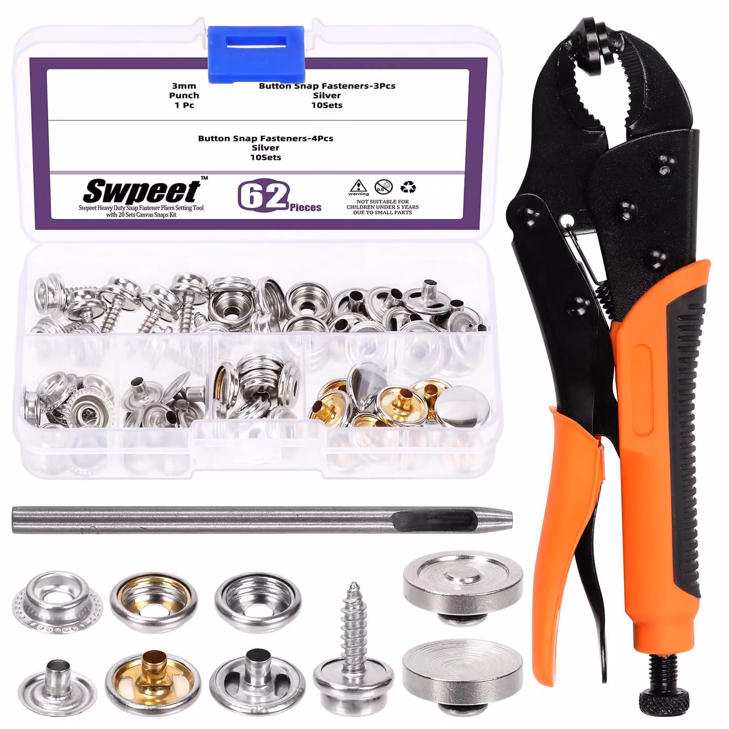 Set di strumenti per bottoni a pressione, composto da 74 pezzi, dimensioni 9 pollici, regolabile, include pinze