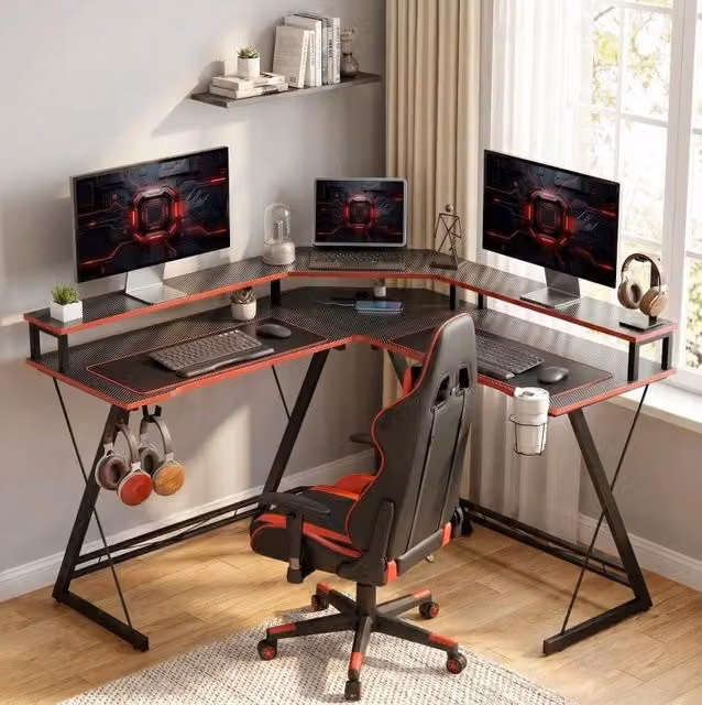 Scrivania angolare ULEVR 128x128 cm con rialzo per 2 monitor, 2 prese e 2 USB, nera
