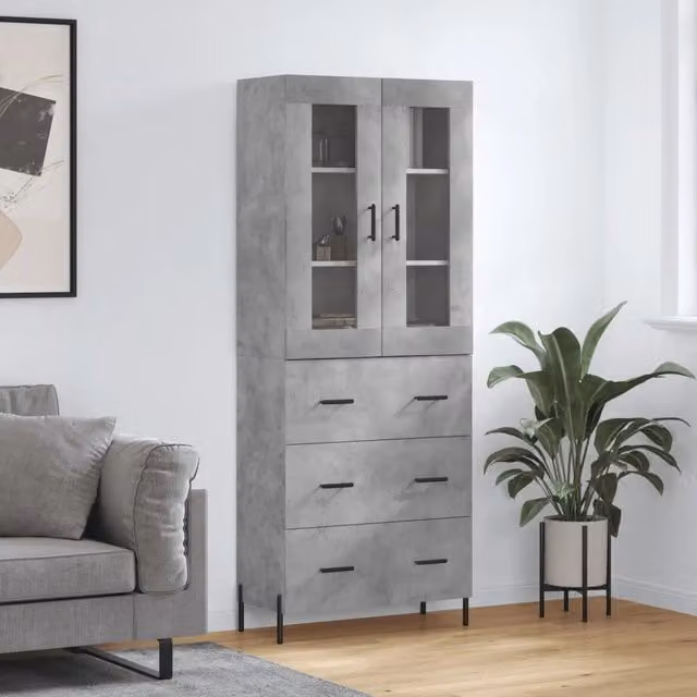 Credenza moderna vidaXL in legno e vetro, colore grigio, L: 69,5 cm, P: 34 cm, H: 180 cm
