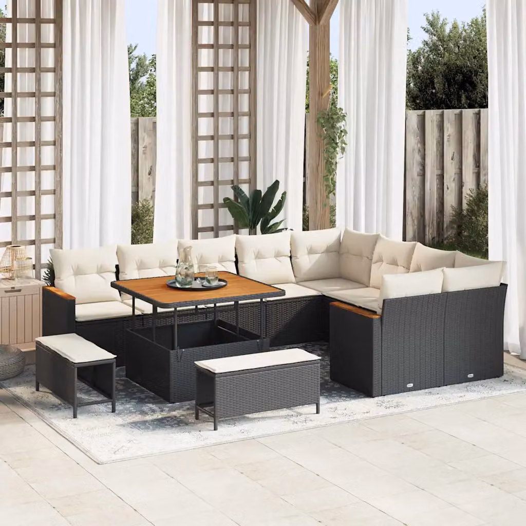 Set Divano da Giardino vidaXL 12 Pezzi a Forma di L con Tavolino e Pouf, Colore Nero e Beige, Struttura in Acciaio e Sedute Imbottite con Cuscini Rimovibili – 1