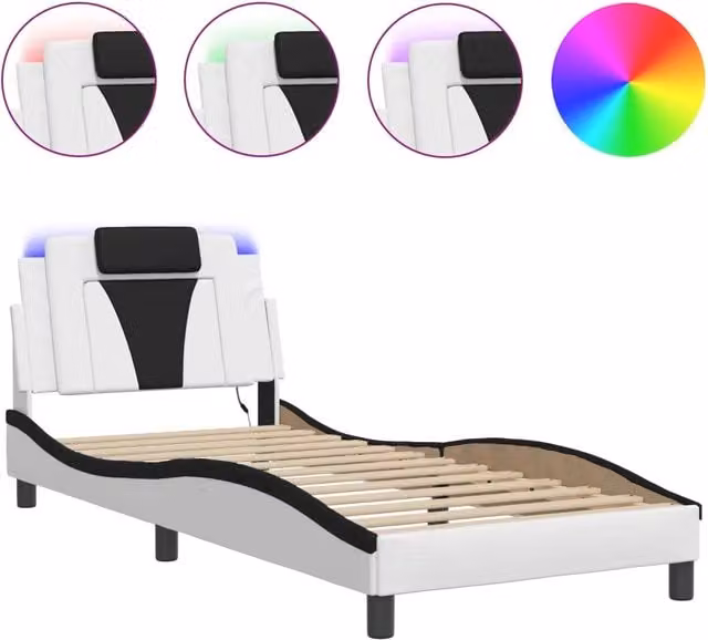 Letto singolo Viana moderno con illuminazione LED sottostante e porta USB, in ecopelle bianco e nero, L/P/H: 90 x 200 cm – 1