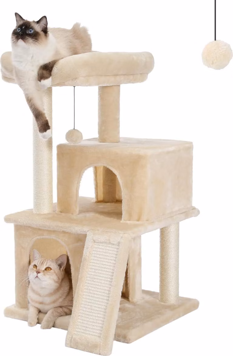Graffiatoio per gatti con sisal, superficie di appoggio in peluche, casetta con fori, giocattolo per gatti beige