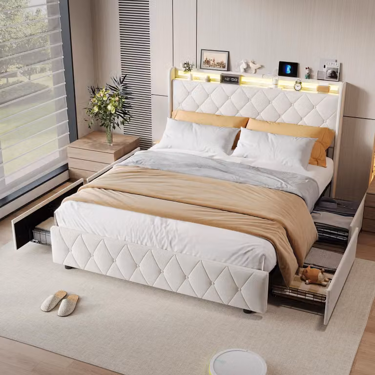 UnboxG Letto 140x200 cm con 4 cassetti e USB – Letto contenitore Letto imbottito in velluto beige, testiera LED, letto matrimoniale