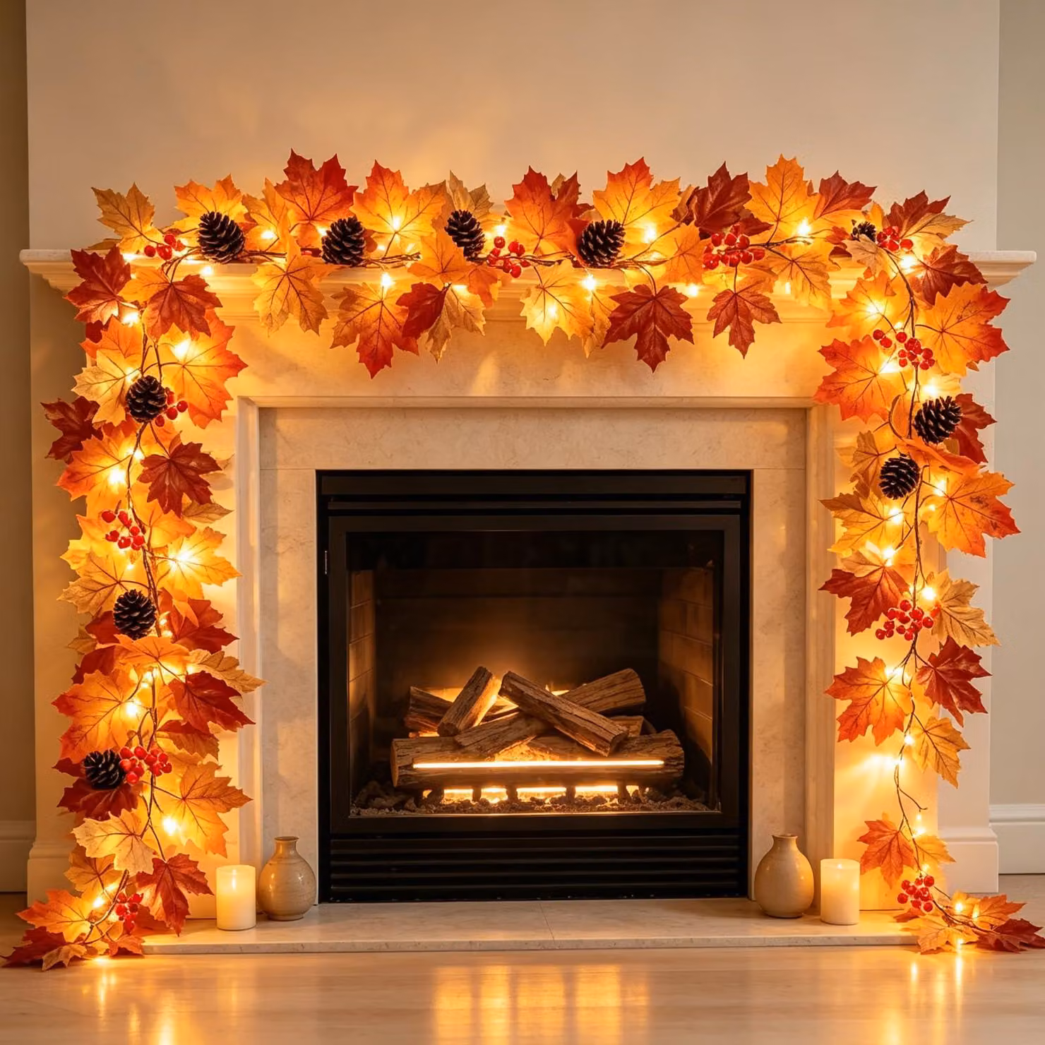 Ghirlanda autunnale, 1,8 metri, 35 LED, foglie di acero artificiali