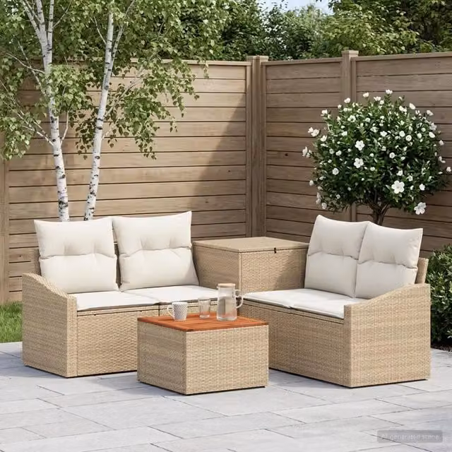Set di divani da giardino vidaXL in polyrattan beige e bianco con tavolino e cuscini inclusi – 1
