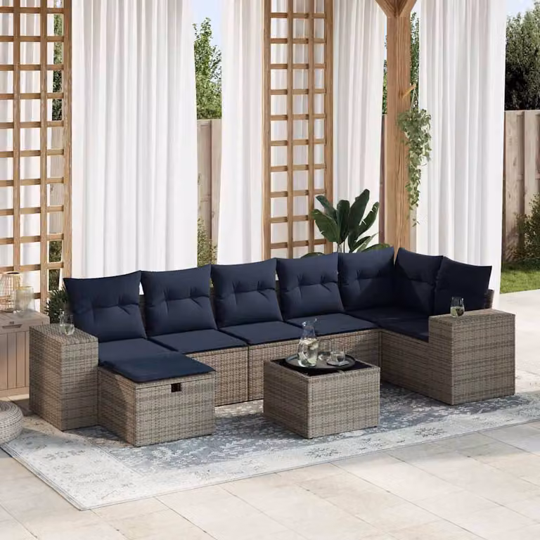Set Divano da Giardino a L vidaXL 8 pz con Cuscini Grigio e Blu in Polyrattan e Metallo
