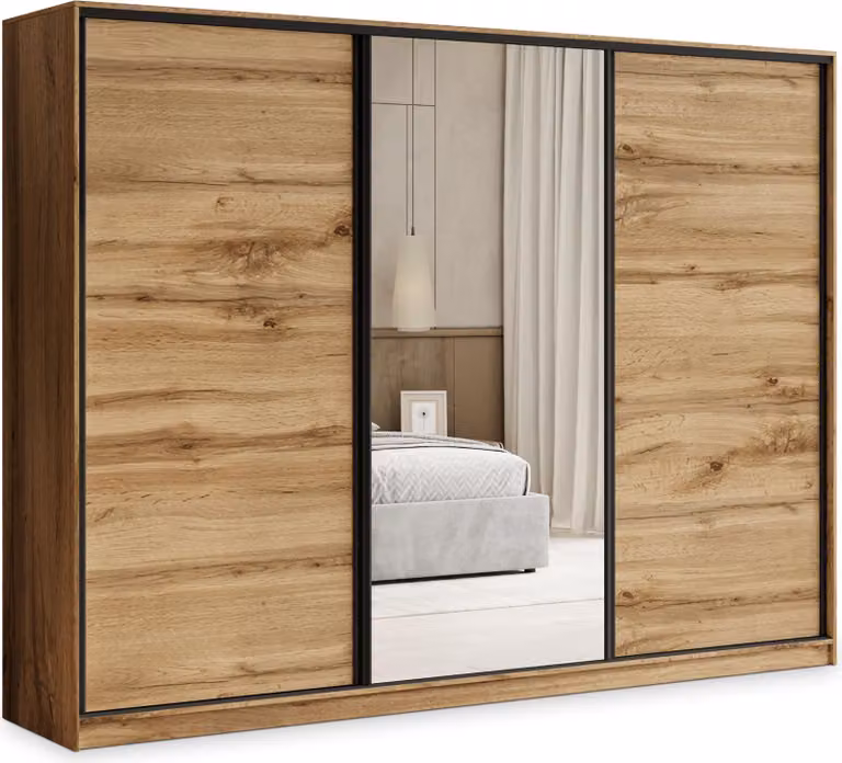 Armadio scorrevole Masseno TARI 250/205/58 cm Armadio con 4 cassetti Armadio per camera da letto a 3 ante con specchio Rovere Wotan