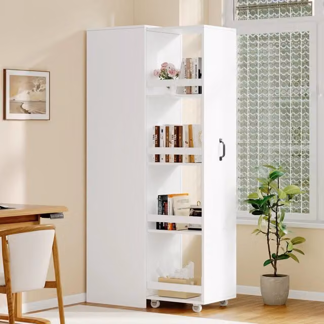 Scaffale stretto con ruote e box protettive in MDF bianco