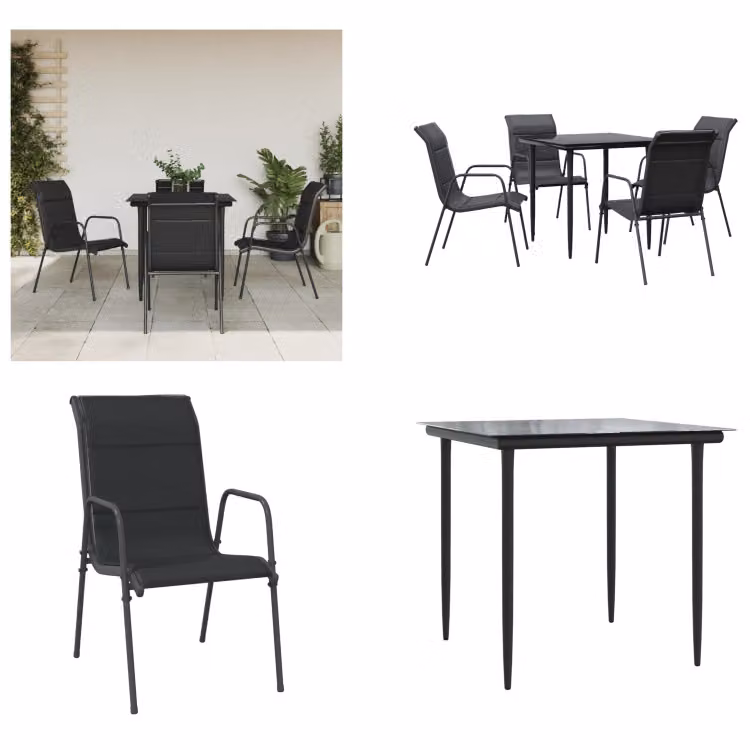 vidaXL Set da pranzo da giardino 5 pezzi in acciaio nero e textilene - set da pranzo da giardino - set di sedute da giardino - set di sedute da esterno - tavolo da giardino