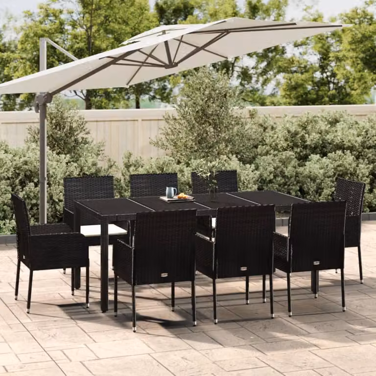 Set da pranzo da giardino vidaXL in polyrattan nero con cuscini e tavolo in vetro, 9 pezzi