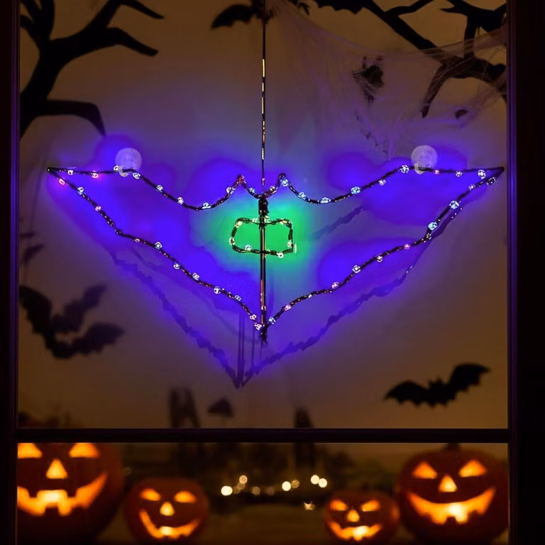 Decorazione a forma di pipistrello per Halloween, con 48 LED, color lilla/verde, alimentazione a corrente
