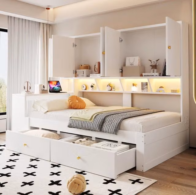 Letto multifunzionale 90x200 cm con scrivania integrata, armadi, cassetti, illuminazione LED e prese, bianco